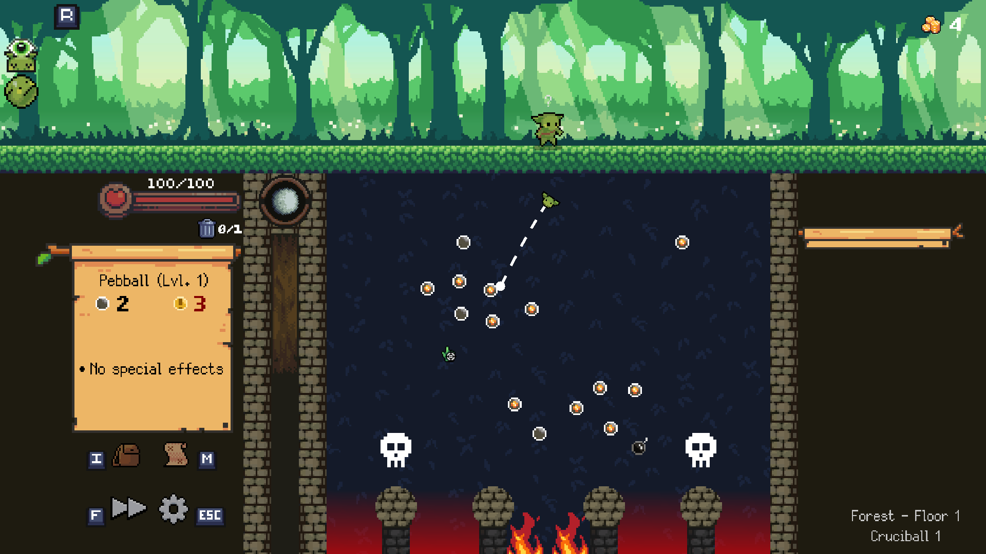 A screenshot of Peglin's gameplay, featuring the transition between levels