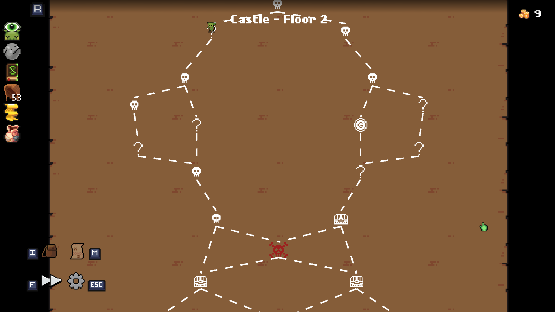 A screenshot of Peglin's gameplay, featuring the map screen